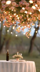 Romantic Outdoor Dinner Table setting under floral lights, forest background, perfect for invitation