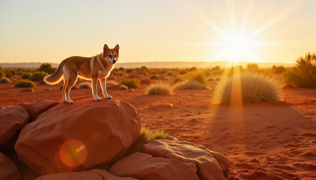 Dog standing on rocks in the desert at sunset, Australian outback landscape