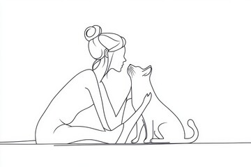 Obraz premium One-line drawing of a woman with a dog and a cat, a simple illustration on a white background Generative AI