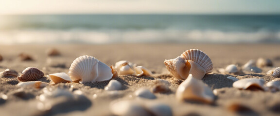 Fototapeta premium Seashells on seashore in tropical beach summer holiday background