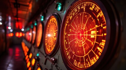 Glowing control panel dials in dark vehicle interior, monitoring systems.
