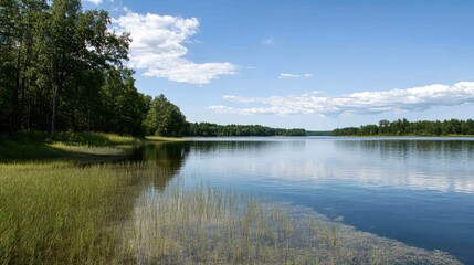 Fototapeta premium Designer stands by a tranquil lake featuring a castle, summer greenery, and vibrant skies reflecting on the water's surface