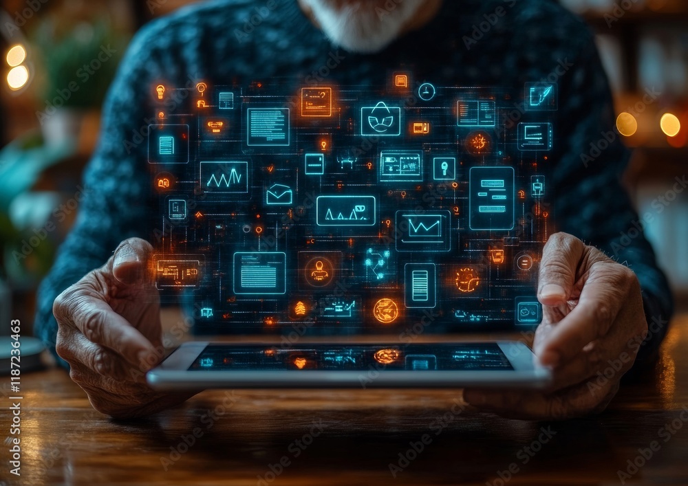 Aufkleber Senior Using Digital Tablet for E-Governance Services with Glowing Icons