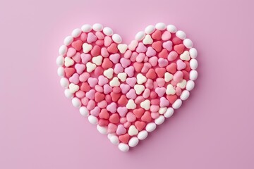 Fototapeta premium Small pink and white heart shaped candies arranged in the shape of a big heart symbolizing love and affection, ideal for valentine's day