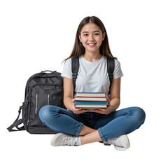 Happy Asian Student Girl Sitting with Backpack and Books, Smiling, Education Concept, College, University, Studying, Lifestyle Photograph, Casual,    
