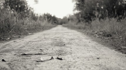 Monochrome perspective of a sandy path vanishing into a tree-lined horizon.