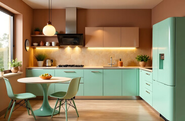 Retro Style Kitchen with Mocha Mousse Walls and Mint Accents. A retro-style kitchen featuring Mocha Mousse walls, mint green cabinets, a round dining table, and hexagonal backsplash tiles