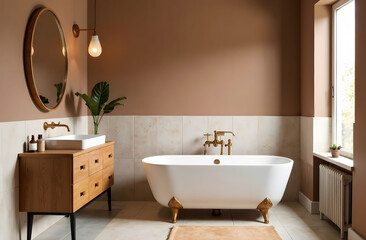 Retro Style Bathroom in Mocha Mousse Color. Elegant bathroom featuring a freestanding bathtub, wooden vanity, brass fixtures, and Mocha Mousse walls, creating a warm retro ambiance.
