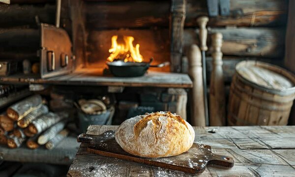 Freshly baked loaf of bread on cutting board in rustic kitchen