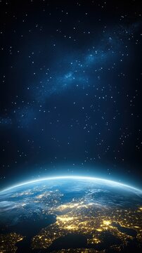 Fototapeta Planet Earth illuminated by city lights at night, revealing intricate details of landmasses against a dark, starry background