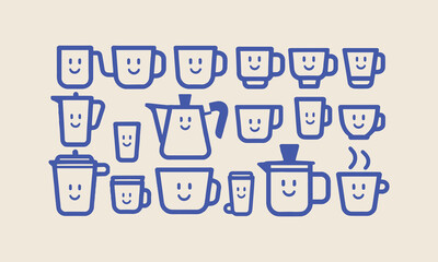 Modern vector illustration of coffee cups and pots, easily editable.