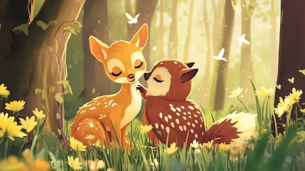 Fototapeta premium Two fawn deer kissing amidst sunlit forest flowers.