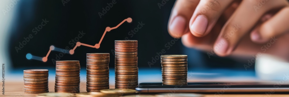 Poster businessman is analyzing increasing stacks of coins with positive growth graph, symbolizing successf