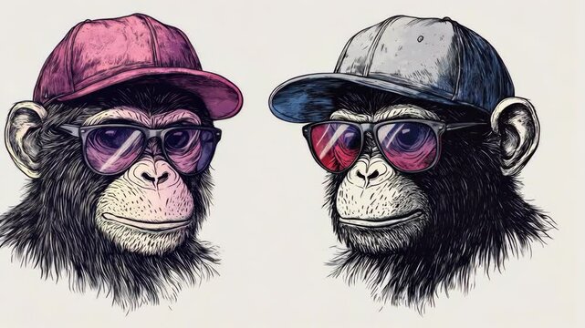 Unique illustration of two stylish monkeys wearing sunglasses and hats having a playful demeanor