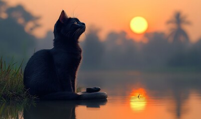 Obraz premium Black cat, coiled snake, sunset, tranquil water.