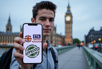 Young student showing his approved eta united kingdom authorization on smartphone screen with big ben in background