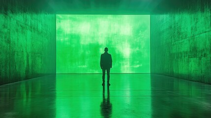 Silhouetted figure facing large green wall.