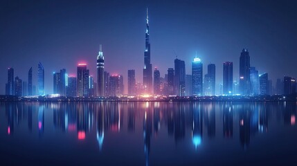 Obraz premium Futuristic City Skyline at Night with Connected Network Elements