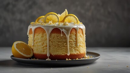 Light fluffy lemon chiffon cake with lemon glaze cut out on an isolated simple minimalist background