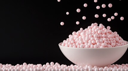 Pink pills and baby powder arranged on a surface with the word anti highlighted, creating a visually striking contrast with the background.