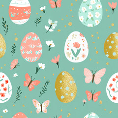 Colorful easter eggs, butterflies, and flowers on teal background