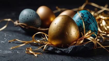 Easter Decoration With Golden Eggs on Dark Shale Background