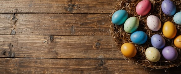 Obraz premium Easter Egg on the wooden background. A flat in the Easter style