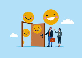 Businessman opening a door to work motivation. Employee happiness, job satisfaction, company benefit, positive attitude. Modern vector illustration in flat style.