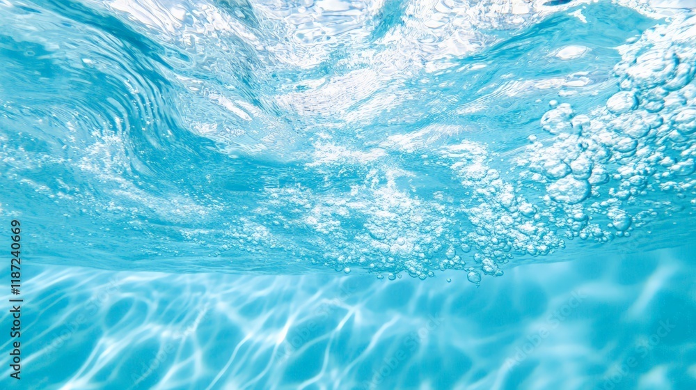 Poster dynamic view of water surface showcasing ripples and bubbles created by raindrops. light reflections
