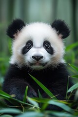 Fototapeta premium Adorable panda cub amidst bamboo.