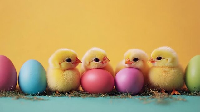 Four fluffy yellow chicks are sitting with pastel colored Easter eggs over a yellow background, celebrating spring holiday together