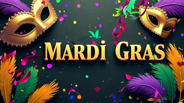 Enjoy the Vibrant Mardi Gras Party Celebration With Golden Masks, Colorful Feathers, and Festive Confetti in a Lively Atmosphere