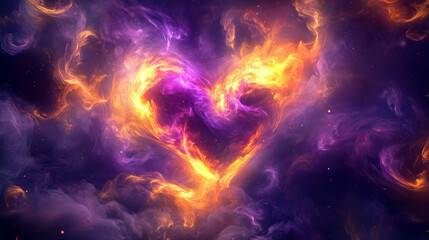 Fototapeta premium Surreal Heart Shaped Design with Swirling Purple and Orange Flames Glowing in Dramatic Smoky Background
