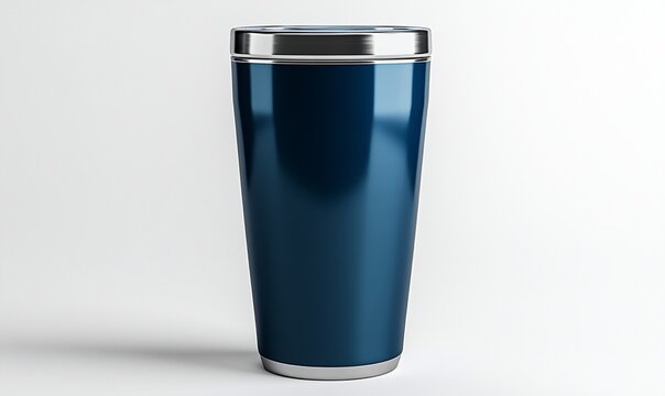 Dark blue tumbler, metallic lid, white background, product shot, for advertising