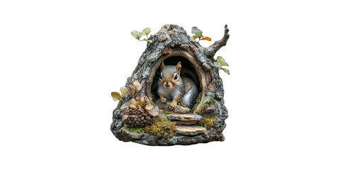 Squirrel in tree trunk habitat isolated on transparent background
