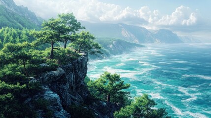 Majestic coastal cliff with lush green trees, overlooking a vibrant ocean with waves crashing against the rocks under a partly cloudy sky.