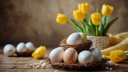  Easter festive spring table setting decoration, eggs in nest