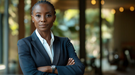 Portrait of professional 40's African-American businesswoman wearing blue suit and arms crossed, copy space