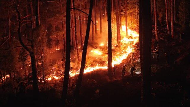 Nighttime forest fire engulfs mountain slopes with heavy smoke. Firefighters with hoses and axes battle large flames, capturing a dramatic view of this natural disaster in tropical forests.