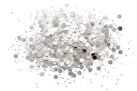 Shimmering silver sequins scattered across a white background create a festive atmosphere