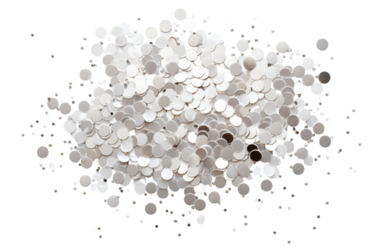 Shimmering silver sequins scattered across a white background create a festive atmosphere