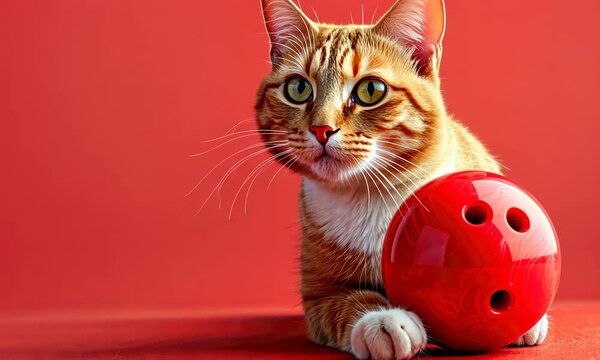 Orange tabby cat next to red bowling ball on background