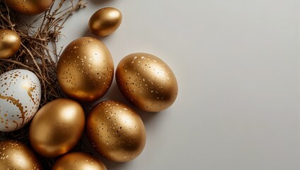 Easter golden decorated eggs stand in a row on white background. Minimal easter concept