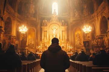 Prayer, back and congregation with man in church for worship, holy spirit and spirituality. Praying, ai generated and connection with person and traditions for faith, mindfulness and, Generative AI