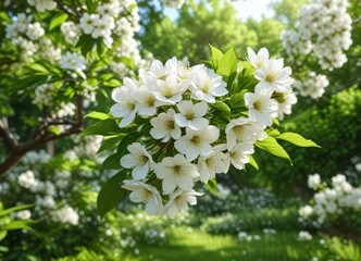 White cherry flowers in full bloom against a lush green leafy background in a garden, sunny day, botany