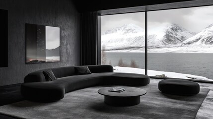 Dark modern living room, mountain lake view, winter scene, interior design