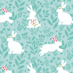 Easter bunnies, floral, spring, green, white, cute, aesthetical, pattern, wallpaper, flat style, celebration, family, kids, vector illustration.