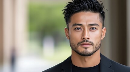 Obraz premium well-groomed man exudes confidence in an urban environment. He has short hair and a beard, dressed in a sleek black jacket, with a blurred city background enhancing his stylish look