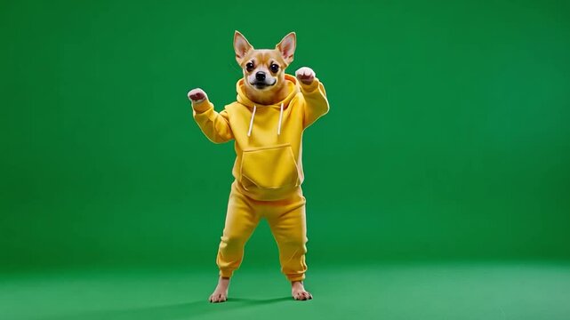 A cheerful small dog dressed in a bright yellow outfit dancing joyfully against a vibrant green background, showcasing its playful nature