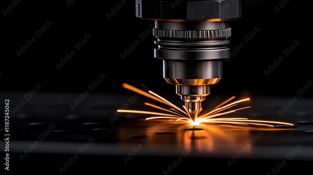 Poster close view of a laser cutting machine in action, creating intricate designs on a metal sheet. bright